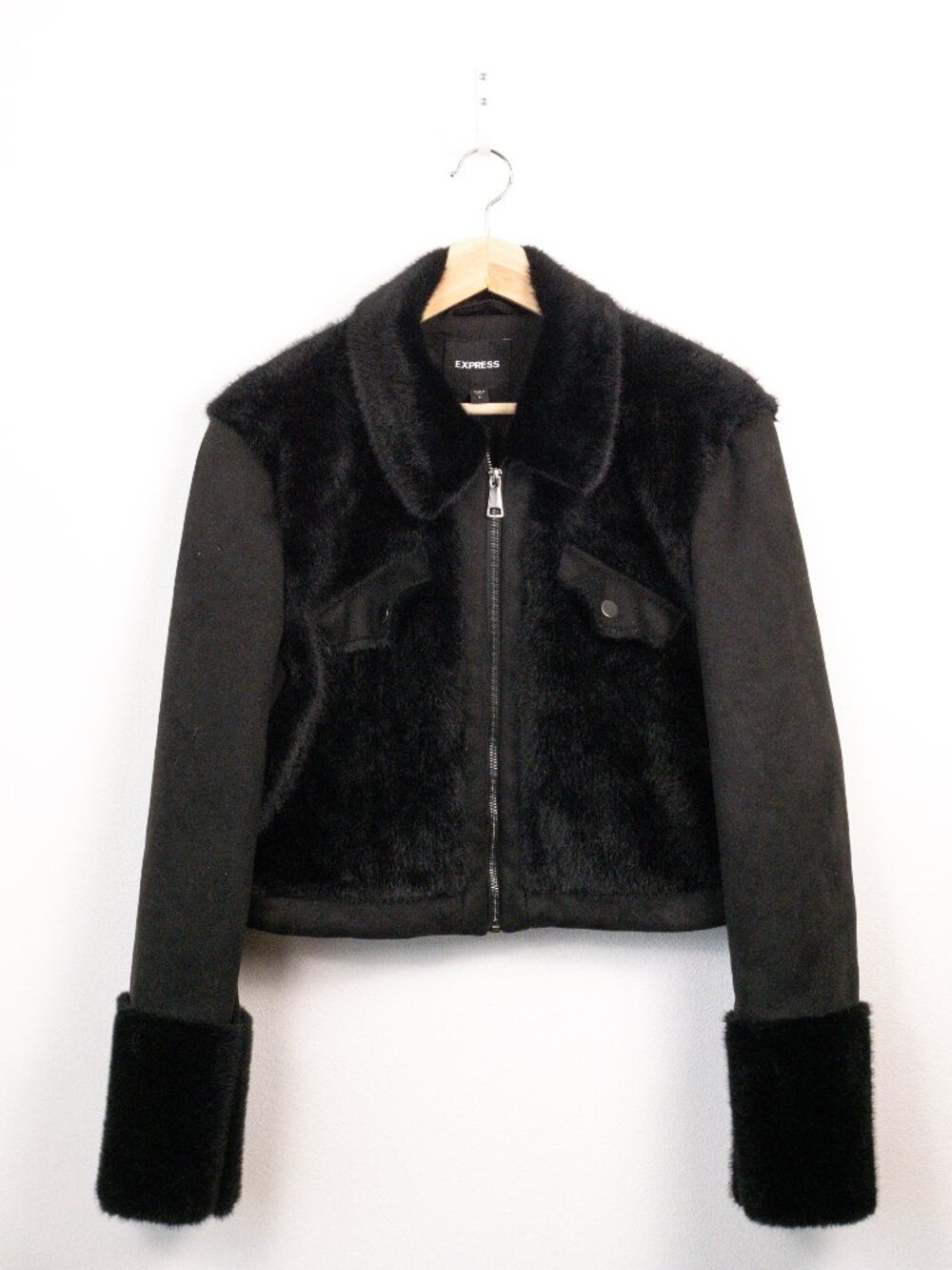 Express Black Faux Fur Suede Moto Bomber Jacket Cropped Women's Size M